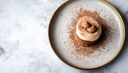 Classic tiramisu dessert on ceramic plate on concrete background