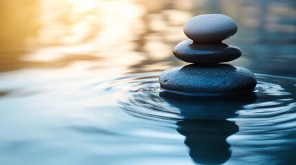 Obraz premium Stack of smooth gray stones balancing gently on rippling water at sunrise