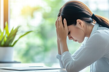 Young Woman in Stressful Situation with Head in Hands at Desk