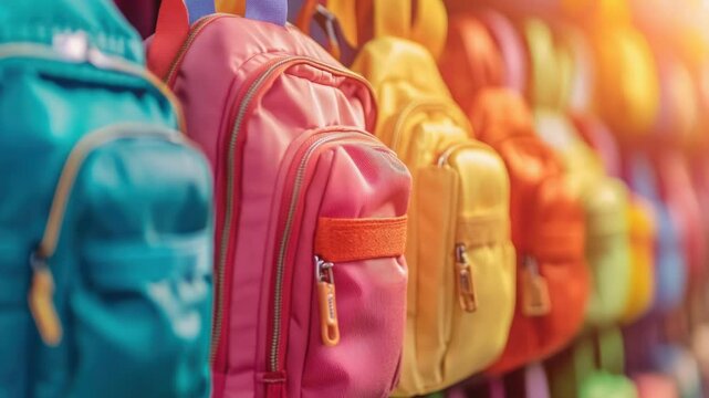 A row of colorful backpacks hang from hooks on a wall, perfect for travel or outdoor use