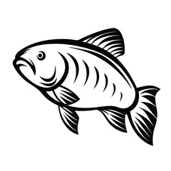 Black and White Line Art of Fish Swimming, Detailed Fins and Body, Isolated Design