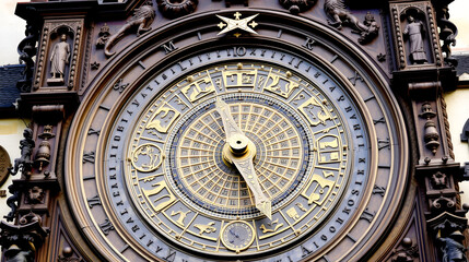 Obraz premium Prague's old astronomical clock, a medieval marvel in Europe's Czech Republic, displays ancient astrological signs and zodiac symbols tracking time and the sun
