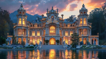 Majestic baroque mansion illuminated at sunset over reflective waters high resolution photo