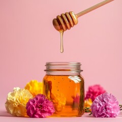 Golden honey is being poured into a jar that is placed amidst a colorful arrangement of carnations