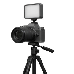 A modern digital camera and portable LED light mounted on a sturdy photography tripod, ready for recording or shooting.