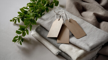 Eco-Friendly Clothing Tags and Linen Fabric on Neutral Background