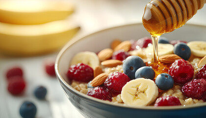 Honey pouring into bowl of oatmeal with berries, almonds and banana slices on white wooden table, closeup
