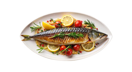 Grilled Mackerel Served with Lemon Slices and Cherry Tomatoes on transparent Plate
