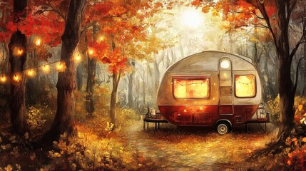 Obraz premium Cozy vintage trailer in autumnal forest setting with warm glow and twinkling lights