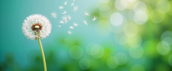 Obraz premium Dandelion seeds flying in the air against a blurred background 