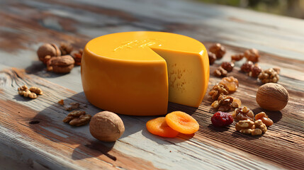 Gouda Cheese Round Wheel with Slice Cut Walnuts and Dried Apricots on Rustic Wooden Board Breakfast Snack Food