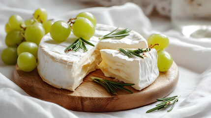 Brie Cheese with Grapes and Rosemary on Wooden Board Creamy Texture Fresh Gourmet Food White Mold Cheese Appetizer