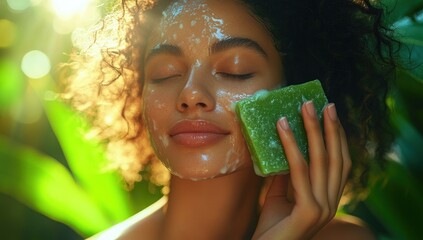 Woman cleansing face with natural soap outdoors