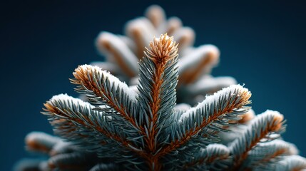 A snowy Christmas tree shines bright against the deep blue night sky, perfect for holiday cheer and festive spirit.