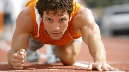 A closeup view of a sprinter in position, showcasing focus, grit, and readiness for a fierce race ahead.