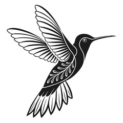 Minimalist Hummingbird Black and White Flying Bird with Floral Detail