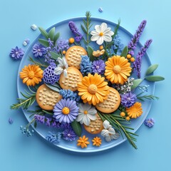 Obraz premium Cookies featuring purple and yellow flowers and topped with custard are arranged on a white plate