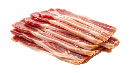 Closeup of stacked raw bacon slices, showcasing their texture and freshness