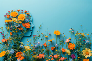 The concept paper for World Mental Health Day showcases a symbolic representation of a human head and flowers against a blue background