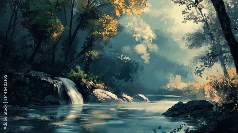 Poster a serene waterfall surrounded by lush greenery and trees in a dense forest