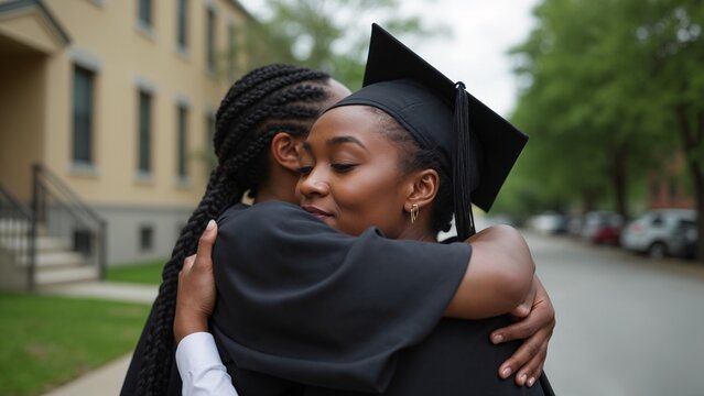 A woman in a black graduation gown hugging another woman.