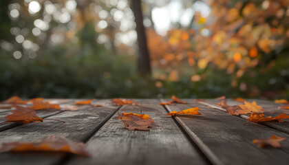 Wooden surface with beautiful autumn leaves on blurred background