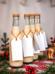Mockup, a row of 5 glass bottles of egg nog with blank white tags around the bottle neck, lined up on a christmas themed table,