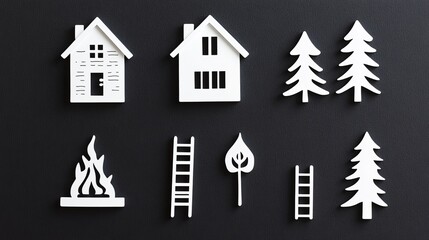 Fototapeta premium Minimalist symbols including a white 3D cabin, fire, ladder, and tree icons are presented