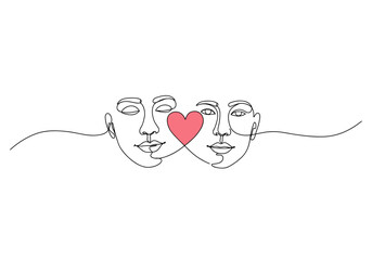 Two faces sharing love in a minimalistic line art style  