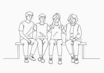Line Drawing of Four People Sitting Together on a Bench  