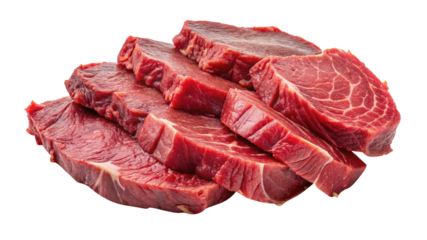 Close up of sliced raw beef meat on a transparent background ready to cook
