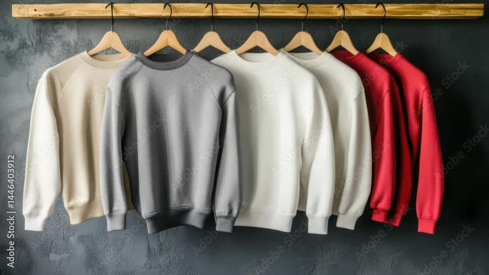 Poster A row of colorful sweaters hanging from a clothes rack, ready to be worn or stored