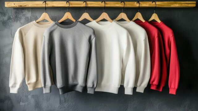 A row of colorful sweaters hanging from a clothes rack, ready to be worn or stored