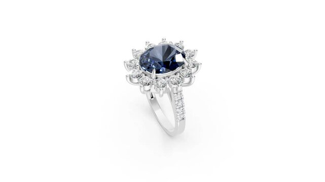 High-resolution 3D render of the Lady Diana ring spinning on a turntable, highlighting the brilliance of the sapphire and diamonds.