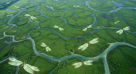 Dragonflies Over Lush Green River Delta Aerial View