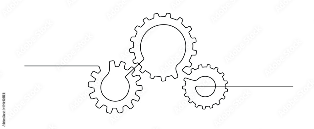 Aufkleber Gears wheels in one continuous line drawing. Three cogwheels in simple linear style. Symbol of teamwork and development in editable stroke. Minimalistic vector illustration