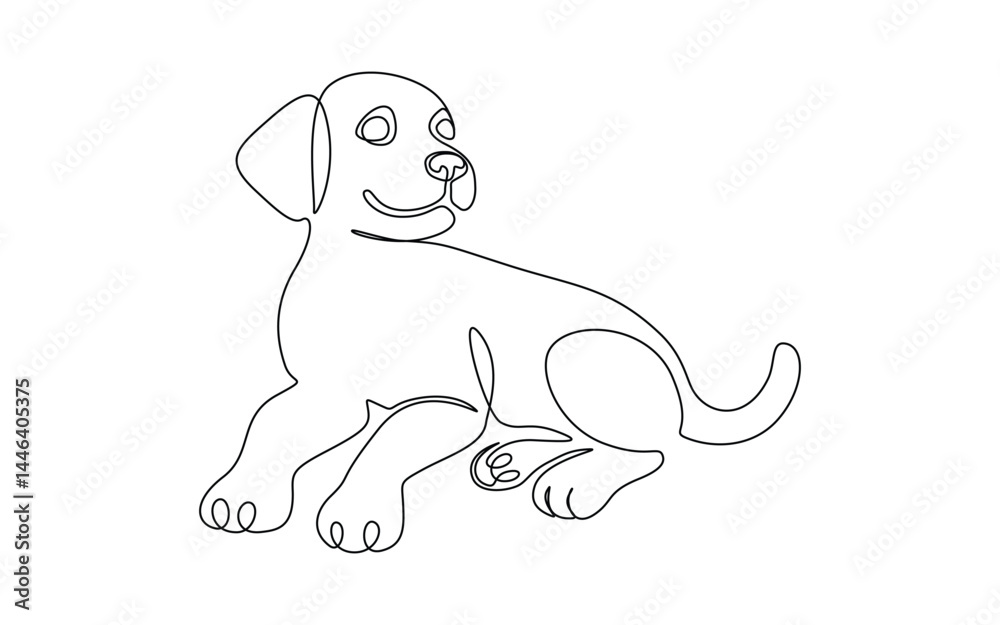 Poster Playful puppy in one continuous line drawing. Friendly dog in simple linear style. Symbol of cute animal for pet shop card and banner in editable stroke. Minimalistic vector illustration