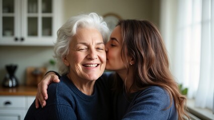A woman is kissing an older woman on the cheek.