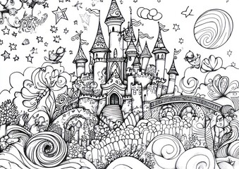 Naklejka premium Enchanting black and white castle drawing, intricate details, stylized fantasy landscape with towers, swirling patterns, stars, birds, and clouds
