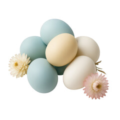 Delicate arrangement of soft pastel-colored eggs and dried blossoms, creating a serene visual display.