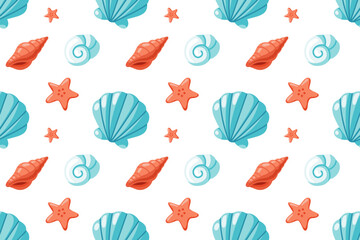 Seamless Pattern with blue Seashells, red spiral Shells and cute red Starfish. Tropical marine vector background