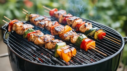 Colorful skewers of grilled chicken and vegetables on a barbecue grill.