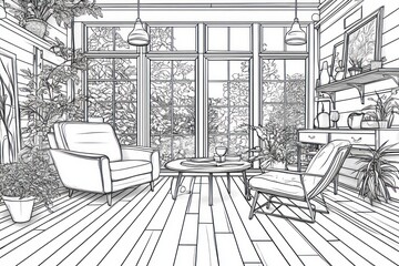 Interior sketch of a sunroom with comfortable seating, a coffee table, and large windows overlooking a garden.  Plants and decorative items add to the cozy atmosphere