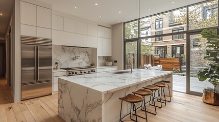 Sophisticated minimalist kitchen with refined natural textures high resolution image