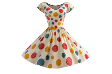 Vintage 1950s Polka Dot Dress Cream Cotton Colorful Retro Style Short Sleeves A Line Silhouette