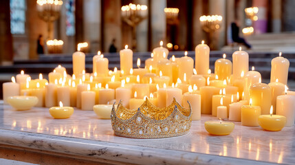 Golden crown with burning candles on marble altar