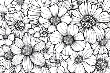 Black and white floral pattern with many detailed flowers.  A variety of flower types are densely packed together in a repeating design