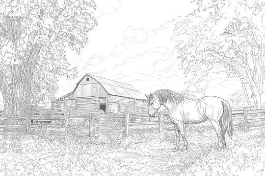 Rustic barn scene with horse.  A horse stands calmly near a weathered barn, surrounded by trees and a fence line.  Gentle light illuminates the tranquil scene.  Grassy field.  Detailed line drawing