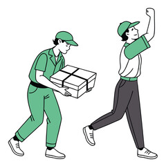 of Asian Men in Uniform Carrying and Running with a Box on White