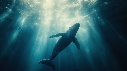 Fototapeta premium Whale swimming upward in deep, sunlit ocean waters